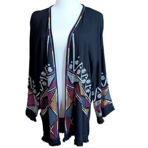 KNOX ROSE Artsy Embroidered Kimono Duster Cardigan Jacket XS Fringe Open Front